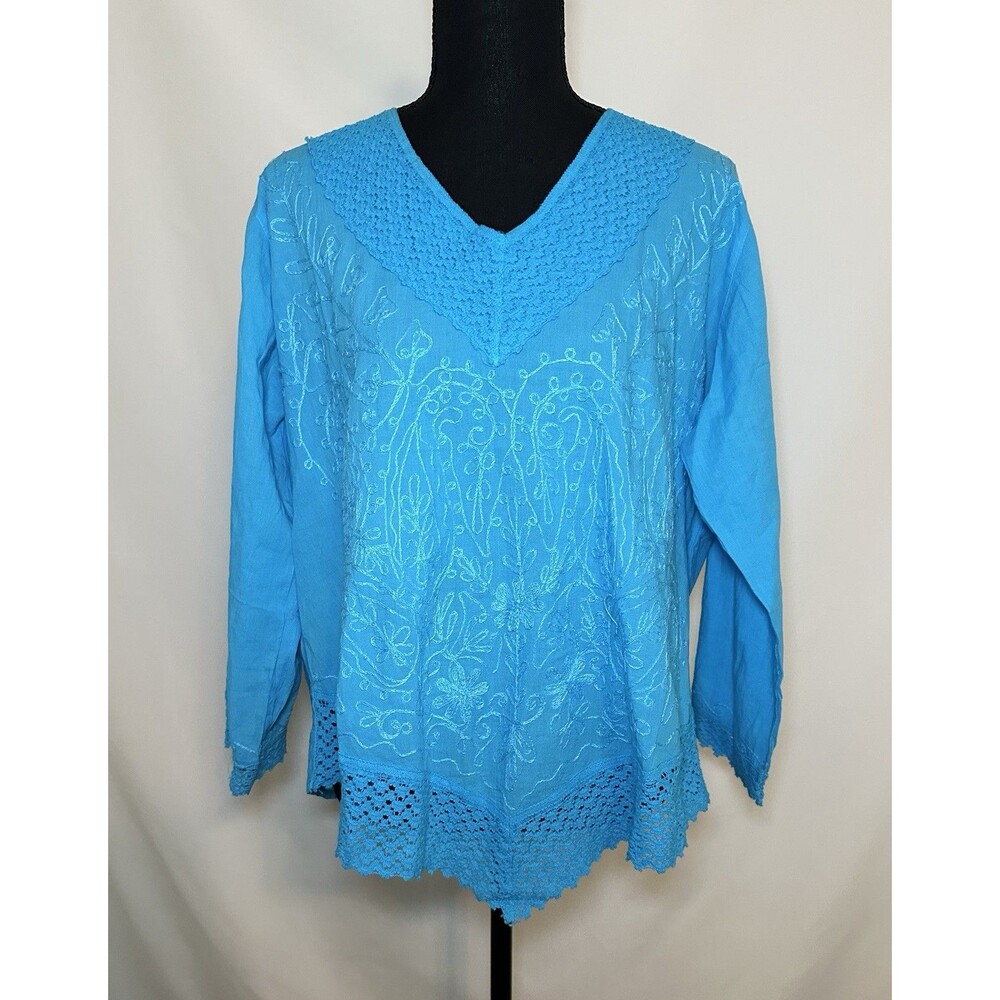 *RARE* Omja World Blue Boho Crotchet Floral Embroidered Blouse Women's XL